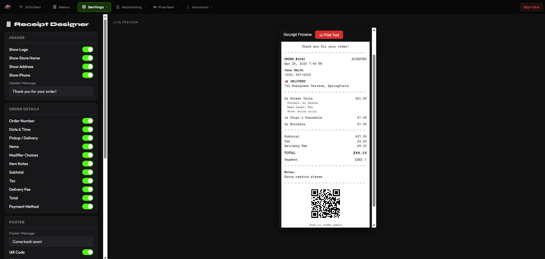 MenuSpace Receipt Designer